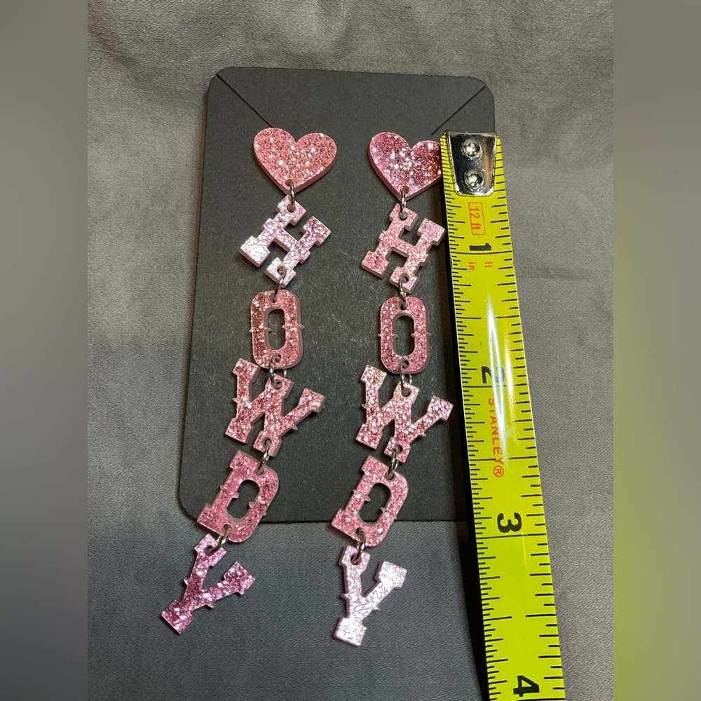 NWOT Pink Glittery Acrylic Howdy Drop Earrings #1116 - Picture 4 of 5